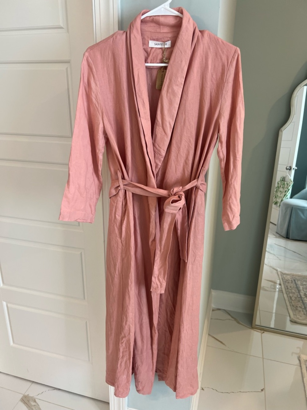 Women's Pink Linen Midi Dress with Waist Tie